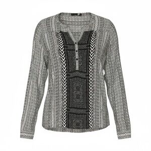 prAna Black & Gray Patterned Long Sleeve Top Boho Geo Print S